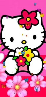 Cute cartoon cat with flowers on a pink wallpaper background.