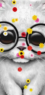 Fluffy white cat wearing glasses in a cute wallpaper.