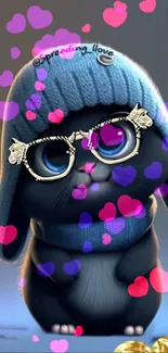 Cute cartoon cat with glasses in a blue hat surrounded by colorful hearts.