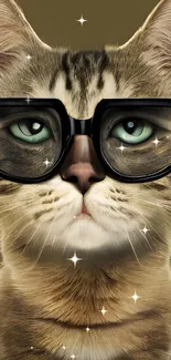 Stylish cat wearing glasses on olive background.