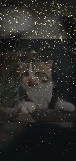 Cute cat surrounded by sparkling gold glitter on a dark background.