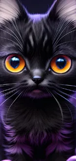 Cute black cat with glowing orange eyes on a mobile wallpaper.