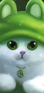 Adorable white cat with green hat and necklace wallpaper.