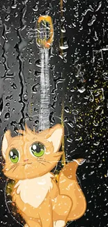 Cute cat with guitar under raindrops.