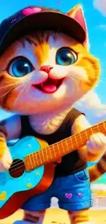 Cartoon cat playing guitar on beach.