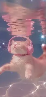 Cute cat with pink headphones underwater.