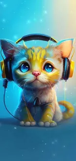 Adorable kitten wearing headphones with a colorful blue-yellow background.