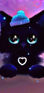 Cute black cat with heart necklace and glowing eyes on purple background.