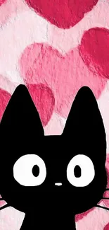 Black cartoon cat with pink heart background.