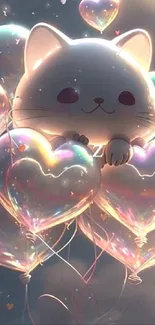 Cute cat surrounded by pastel heart balloons in a dreamy setting.