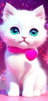 White kitten with a heart collar on a pink and purple background.