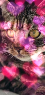 Tabby cat with glowing pink heart overlay.