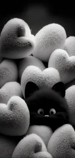 Black cat hidden among white heart pillows.