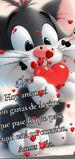 Cartoon cat holding a red heart with floating hearts and loving text.