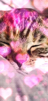 Sleeping cat with pink heart overlay on mobile wallpaper.