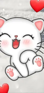 Cartoon cat with hearts on snow background wallpaper