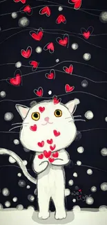 Cartoon white cat surrounded by red hearts on a black background.