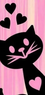 Cute black cat with hearts on pink background wallpaper.