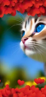 Cute cat with blue eyes and red hearts on a vibrant background wallpaper.