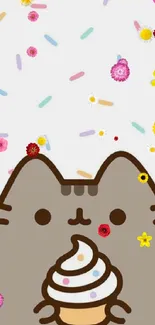 Cute cartoon cat holding an ice cream with colorful sprinkles.