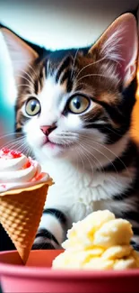 A cute kitten with ice cream cone in a colorful setting.