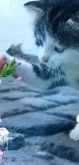 Cute kitten with jellyfish around, playful scene.