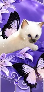 Cute kitten with lilies and butterflies on a violet background, perfect for mobile.