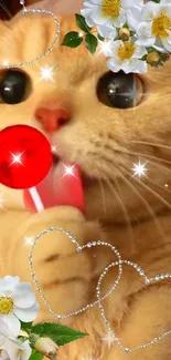 Cute cat licking a lollipop surrounded by flowers and heart designs.