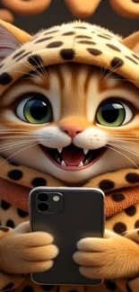 Cute orange tabby cat in spotted hoodie holding smartphone.