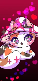 Cute cartoon cat wearing a mushroom hat on vibrant background.