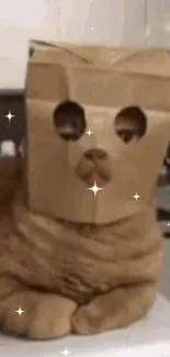 Brown cat with paper bag mask and sparkling stars.