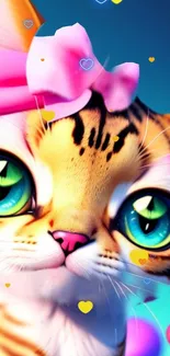 Cute cartoon cat with pink bow, vibrant colors.