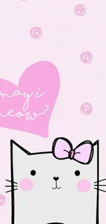 Cute cat with pink bow and heart saying "may i meow?" on pink background.