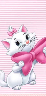 Cute cartoon cat with pink bow on striped background.