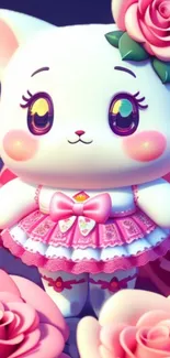 Adorable cartoon cat with pink dress and roses.