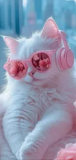 White cat with pink headphones and sunglasses, surrounded by roses in a city.