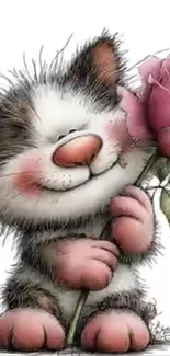 Cute cartoon cat holding a pink rose with a smile.