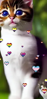 Adorable cat with colorful pixelated hearts on a green background.