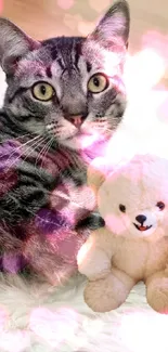 Tabby cat on a rug with a teddy bear plush.