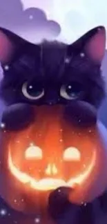 Cute black cat with glowing pumpkin in a purple night sky.