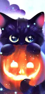 Cute black cat with glowing pumpkin in a starry background wallpaper.