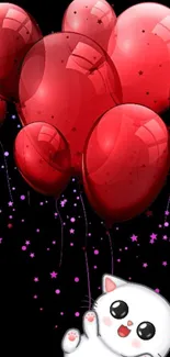 Adorable cartoon cat with red balloons.