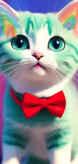 Colorful cat with red bowtie and rainbow ears on a mobile wallpaper.