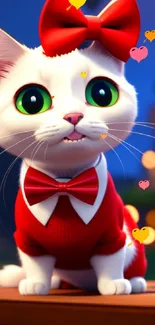 Animated white cat with red bow and sweater, green eyes.