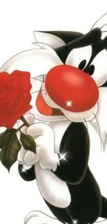 Cartoon cat holding a red rose, set on a phone wallpaper.