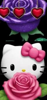 Cartoon cat with purple and pink roses and heart charms.