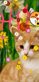 Cute orange kitten with colorful spring flowers and playful cartoon elements.