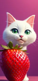 Cute white cat with green eyes beside a large red strawberry on pink background.