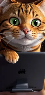 Cartoon cat with green eyes holding a tablet, on a digital adventure.