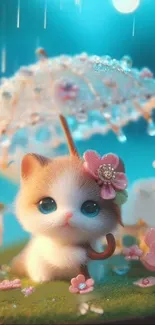 Cute kitten with flower umbrella and teal background.